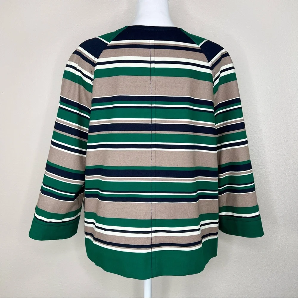 Talbots Navy Blue & Green Striped Cotton Collarless 3/4 Sleeve Blazer Jacket - Picture 7 of 11